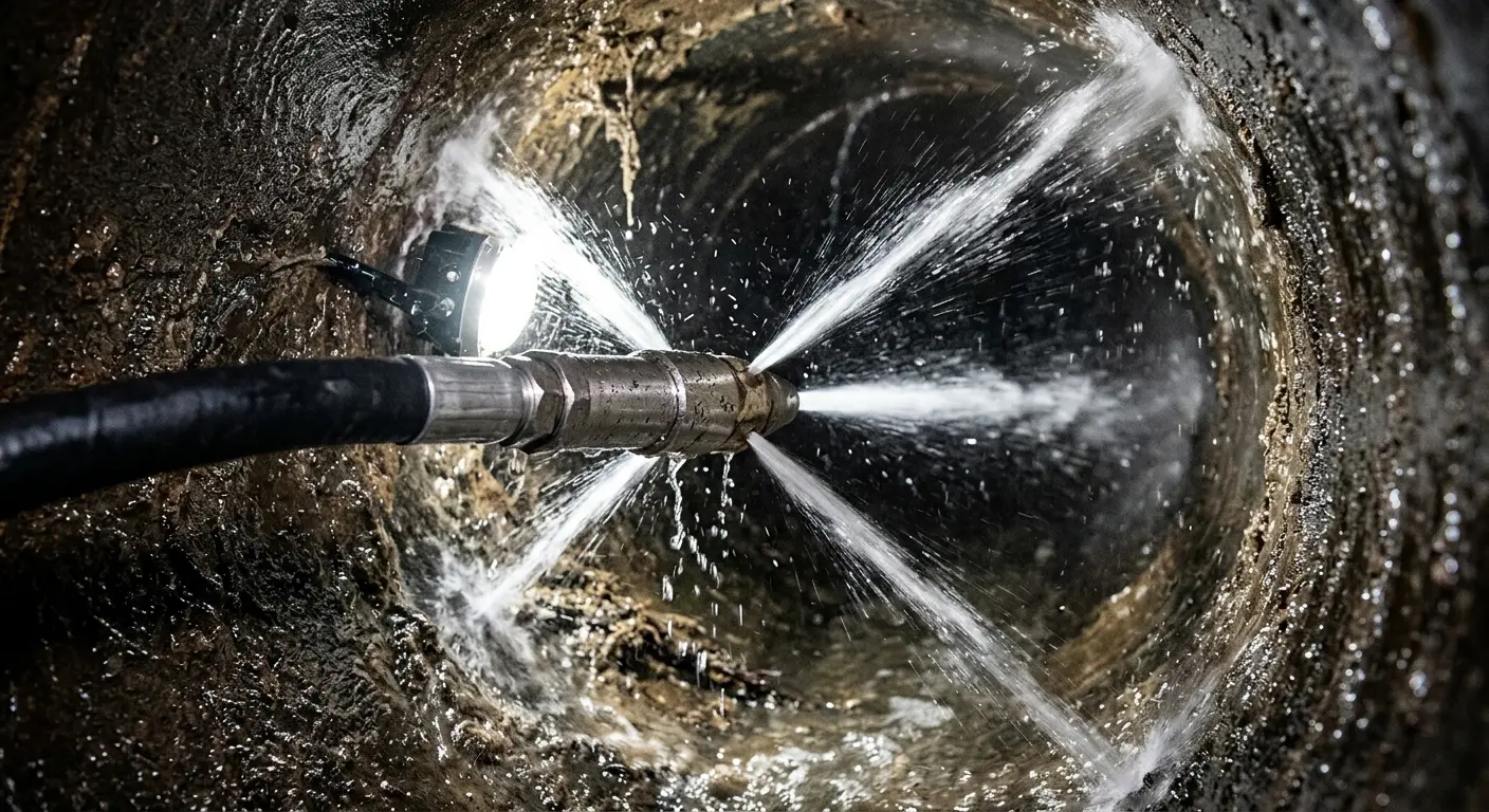 High-pressure hydro jetting nozzle cleaning sewer pipe for Trenchless Sewer Repair in Tolleson