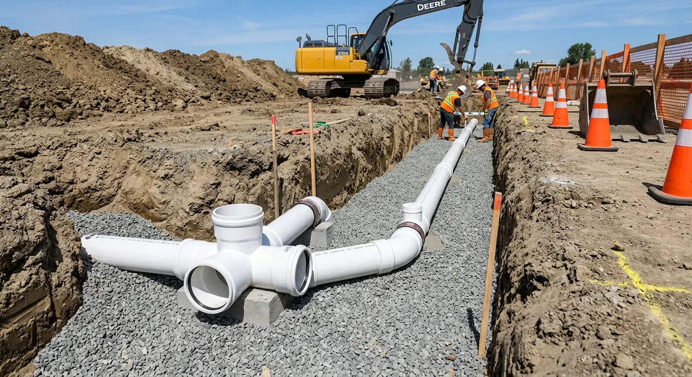 New PVC sewer pipe installation in open trench for Commercial Drain Cleaning in Tolleson