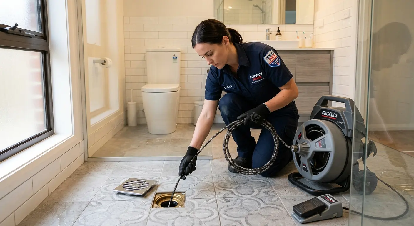 Technician clearing a bathroom floor drain for Drain Cleaning in Tolleson
